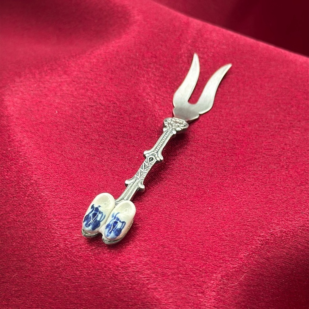 Silver and Porcelain Fruit Serving Fork; Wooden “shoes” in Blue and White.